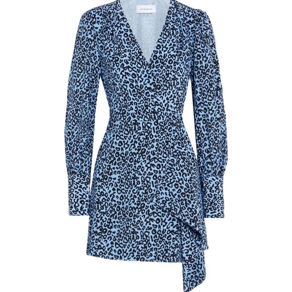 Les Reveries Silk Long Sleeve Mini Wrap Dress in Blue Leopard - Picture 8 of 14